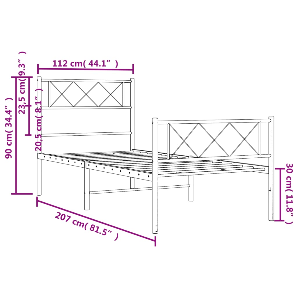 vidaXL Cadru de pat metalic cu tăblie de cap/picioare, alb, 107x203 cm