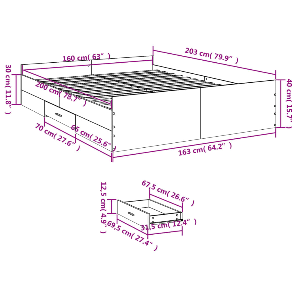 vidaXL Cadru de pat cu sertare stejar sonoma 160x200 cm lemn prelucrat