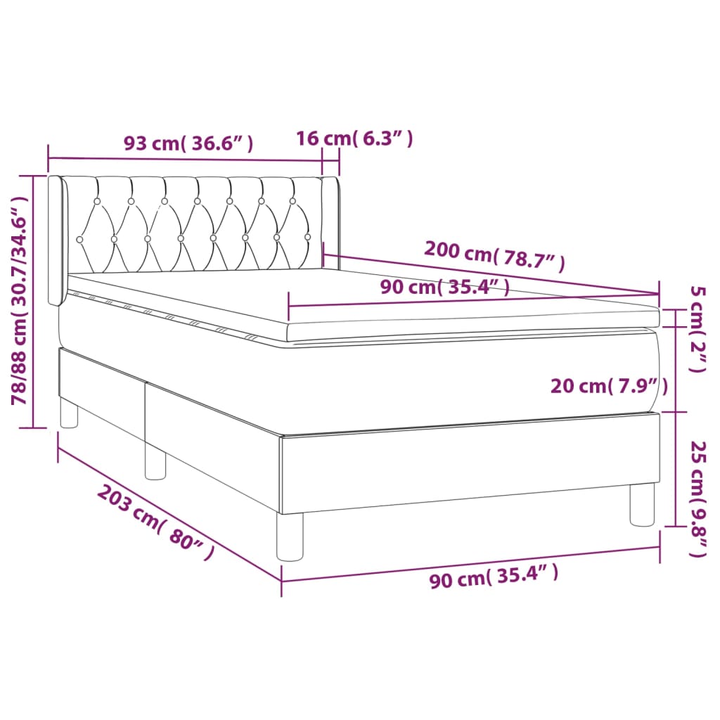 vidaXL Pat box spring cu saltea, gri deschis, 90x200 cm, textil