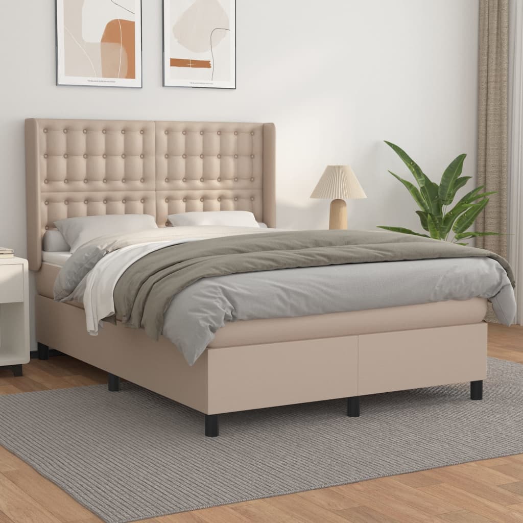 vidaXL Pat box spring cu saltea, cappuccino, 140x200cm piele ecologică