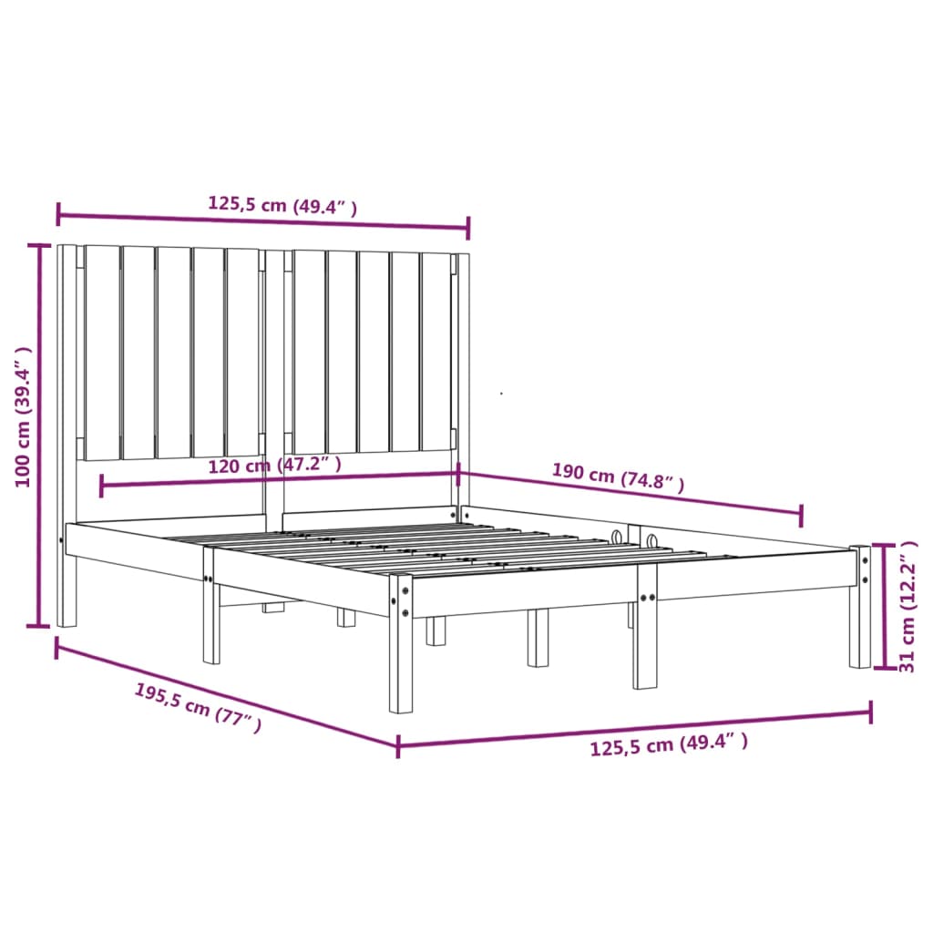 vidaXL Cadru de pat mic dublu, 120x190 cm, lemn masiv