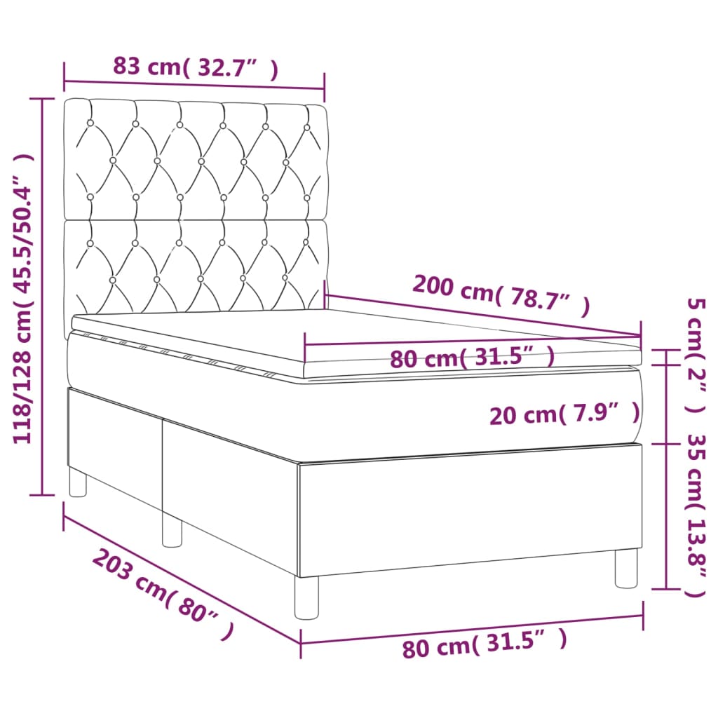 vidaXL Pat box spring cu saltea, maro închis, 80x200 cm, textil