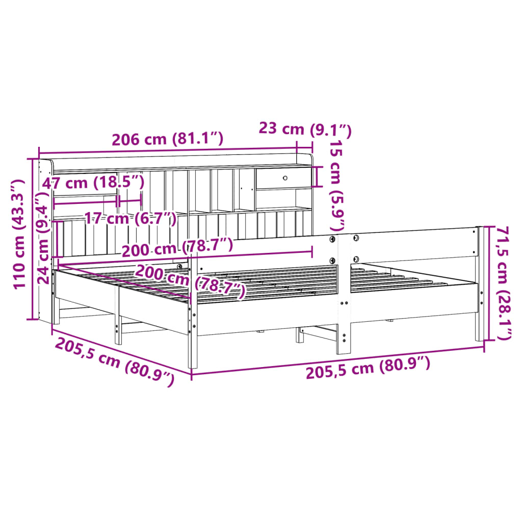 vidaXL Pat cu bibliotecă fără saltea maro 200x200 cm lemn masiv de pin