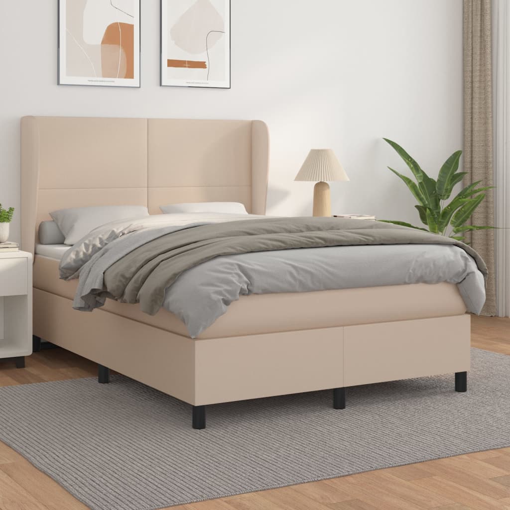 vidaXL Pat box spring cu saltea, cappuccino, 140x200cm piele ecologică