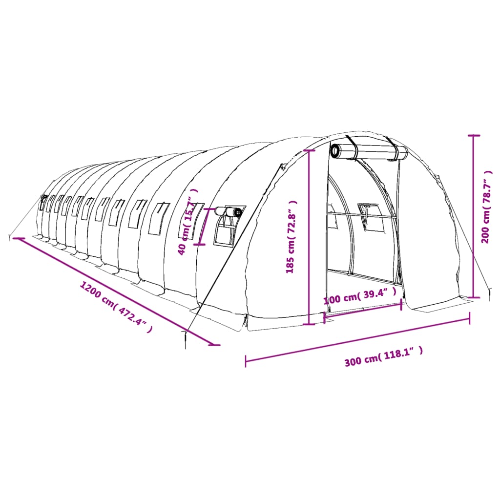 vidaXL Seră cu cadru din oțel, alb, 36 m², 12x3x2 m