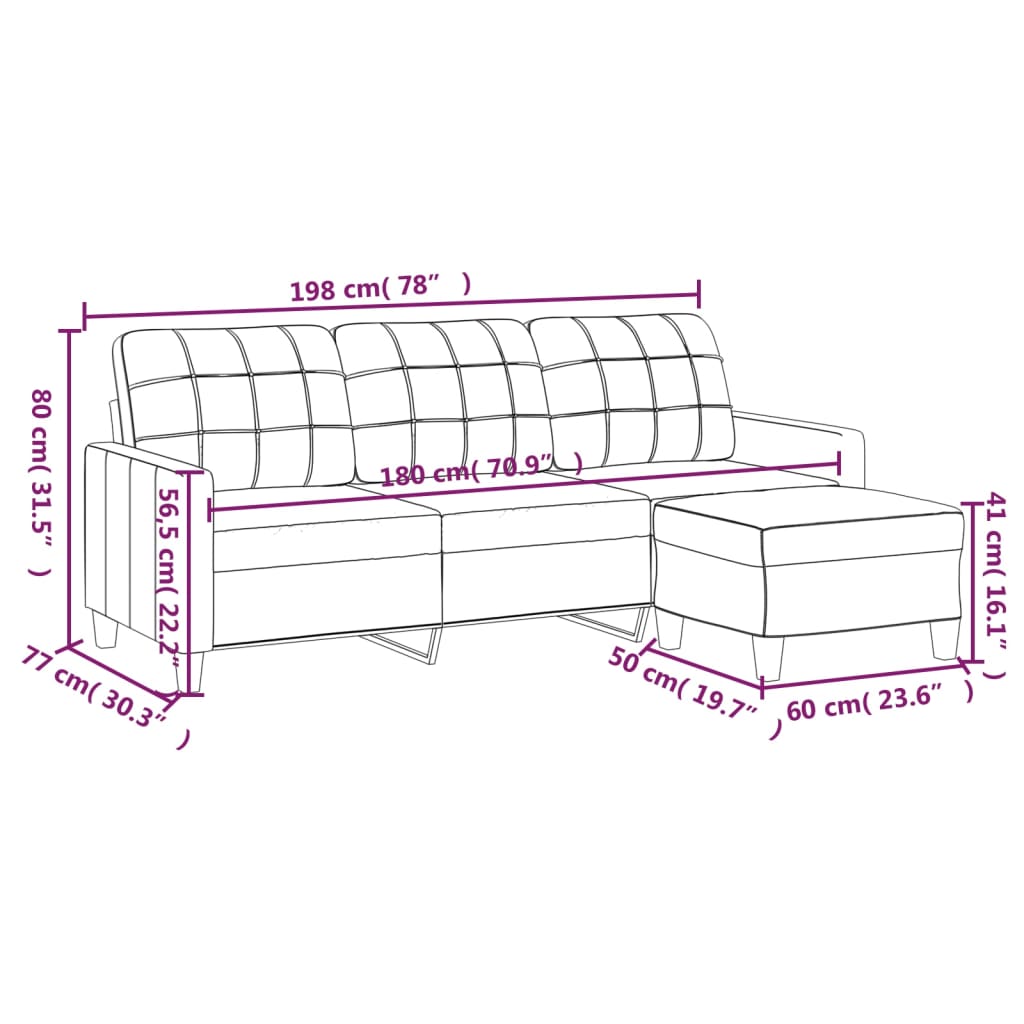 vidaXL Canapea cu 3 locuri și taburet, gri, 180 cm, piele ecologică