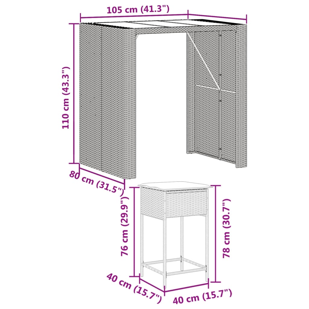 vidaXL Set mobilier bar de grădină cu perne, 5 piese, maro, poliratan