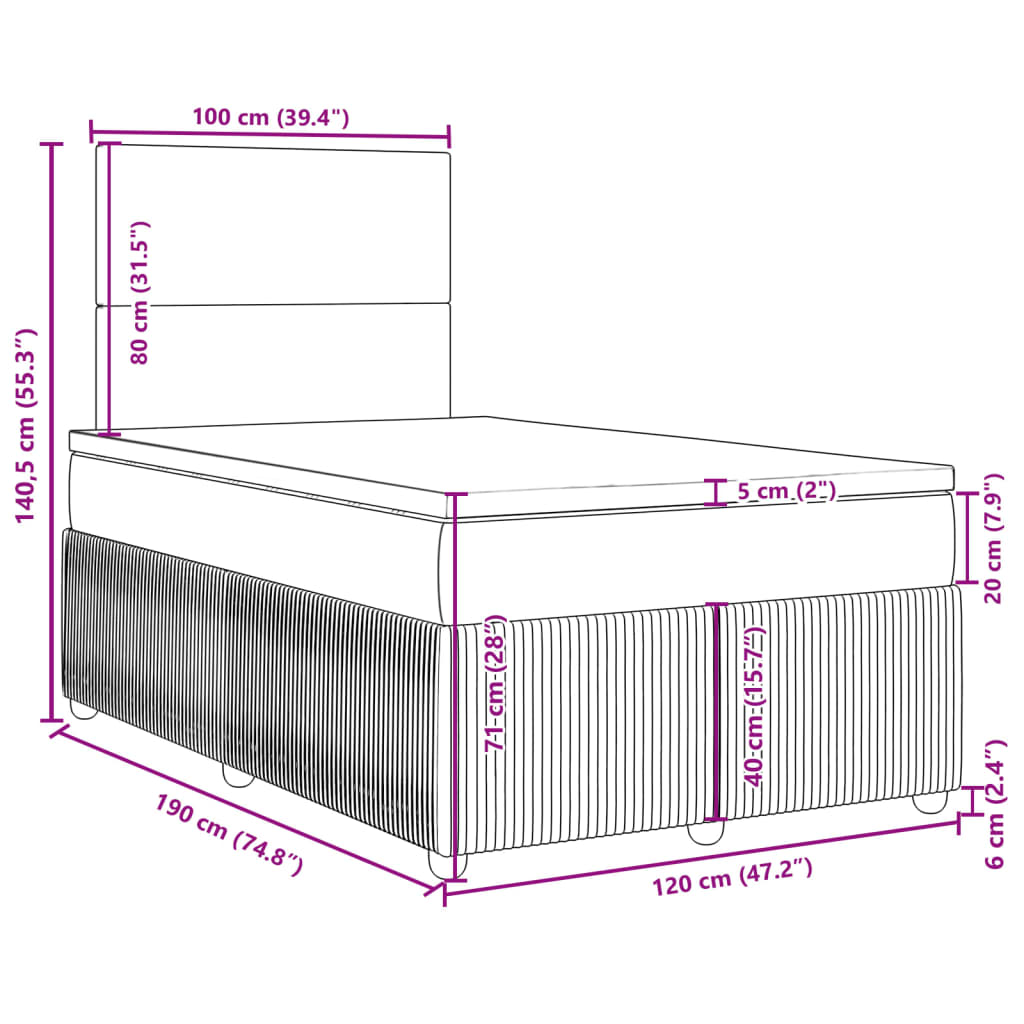 vidaXL Pat box spring cu saltea, albastru închis, 120x190 cm, catifea