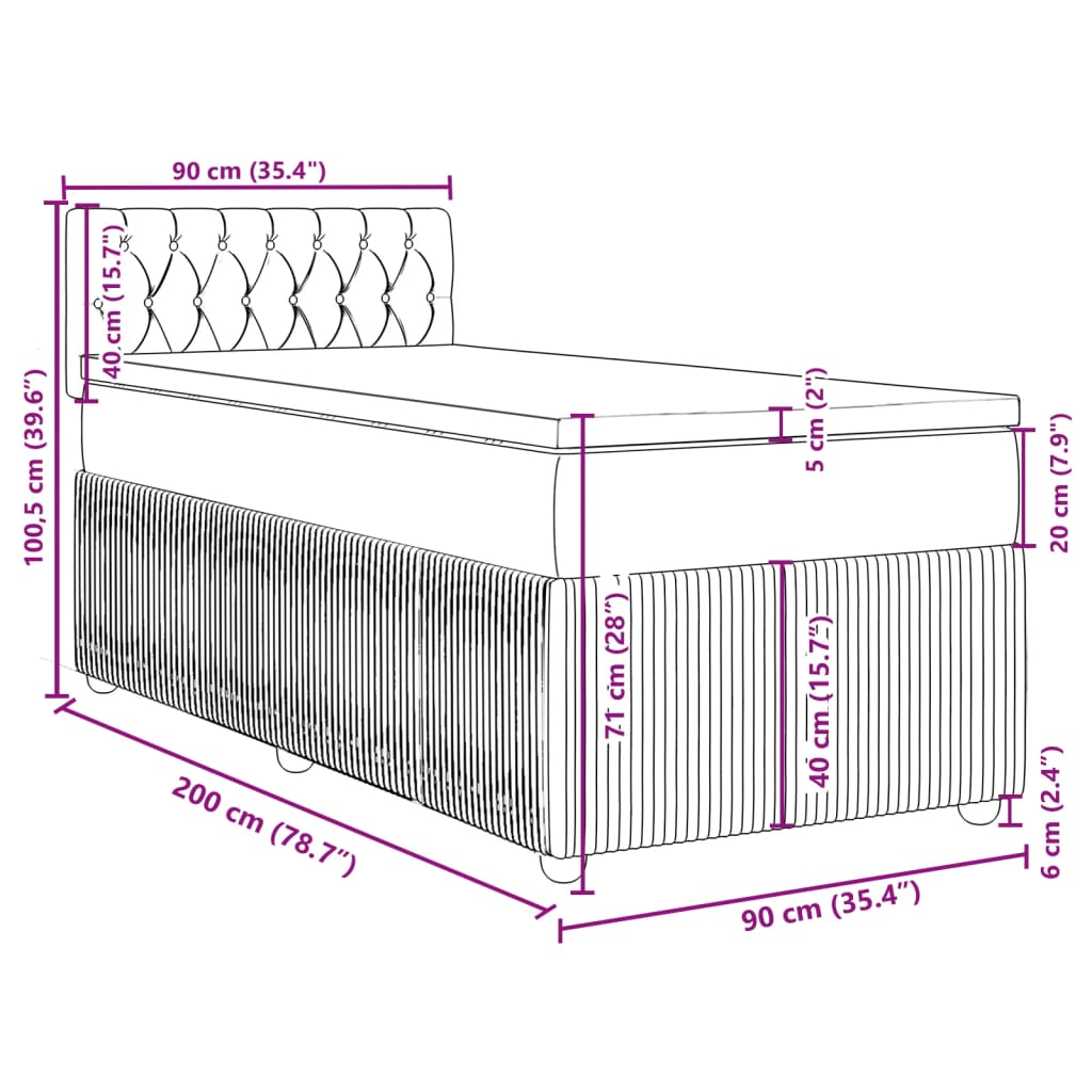 vidaXL Pat box spring cu saltea, gri deschis, 90x200 cm, catifea