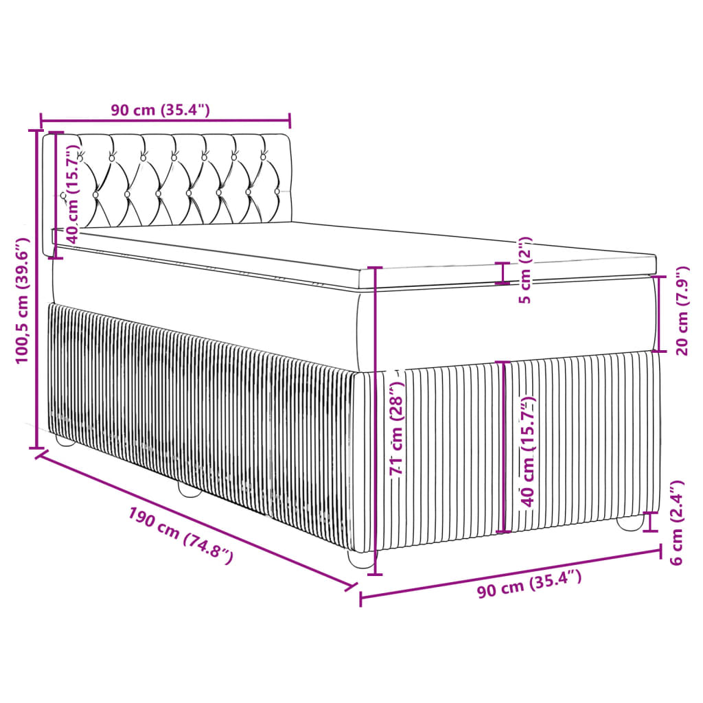 vidaXL Pat box spring cu saltea, gri deschis, 90x190 cm, catifea