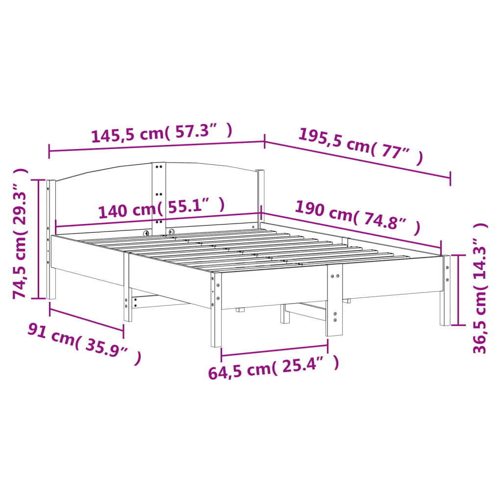 vidaXL Cadru de pat fără saltea, alb, 140x190 cm, lemn masiv de pin