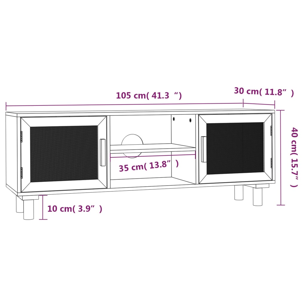 vidaXL Comodă TV, maro, 105x30x40 cm lemn masiv pin și ratan natural