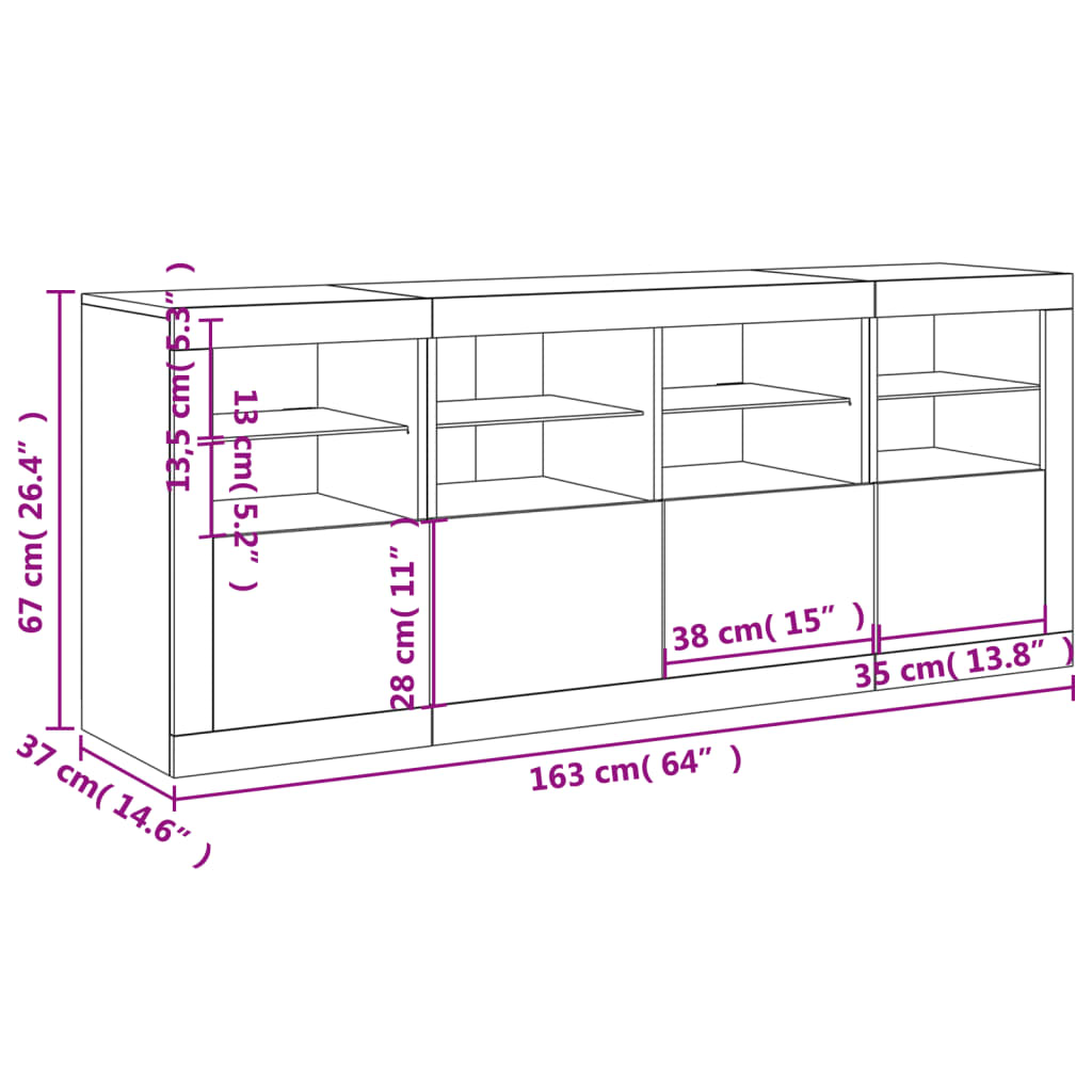 vidaXL Servantă cu lumini LED, alb, 163x37x67 cm