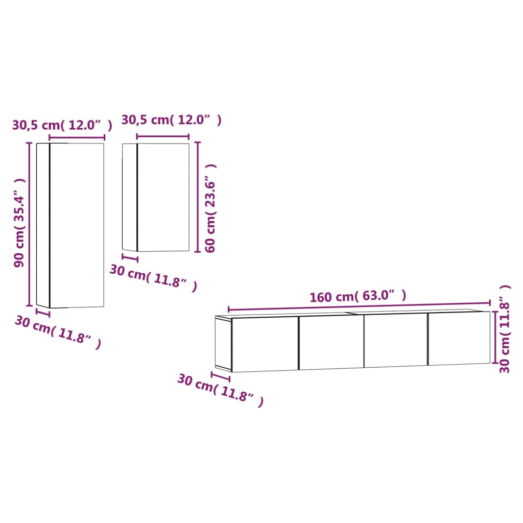 vidaXL Set dulapuri TV, 4 piese, stejar fumuriu, lemn prelucrat