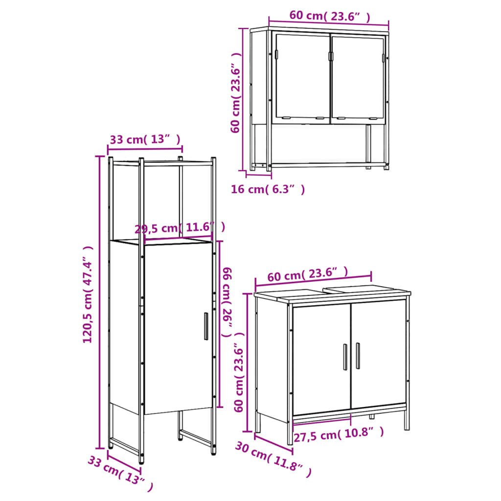 vidaXL Set mobilier de baie, 3 piese, stejar fumuriu, lemn prelucrat