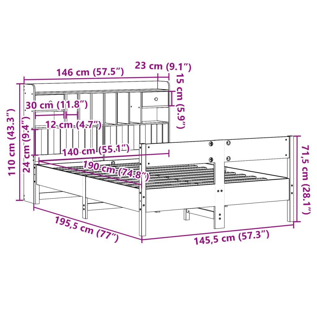 vidaXL Pat cu bibliotecă fără saltea maro 140x190 cm lemn masiv de pin