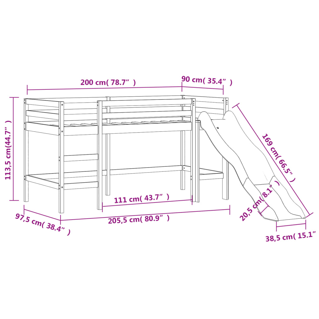 vidaXL Pat pentru copii cu tobogan, 90x200 cm, lemn masiv de pin