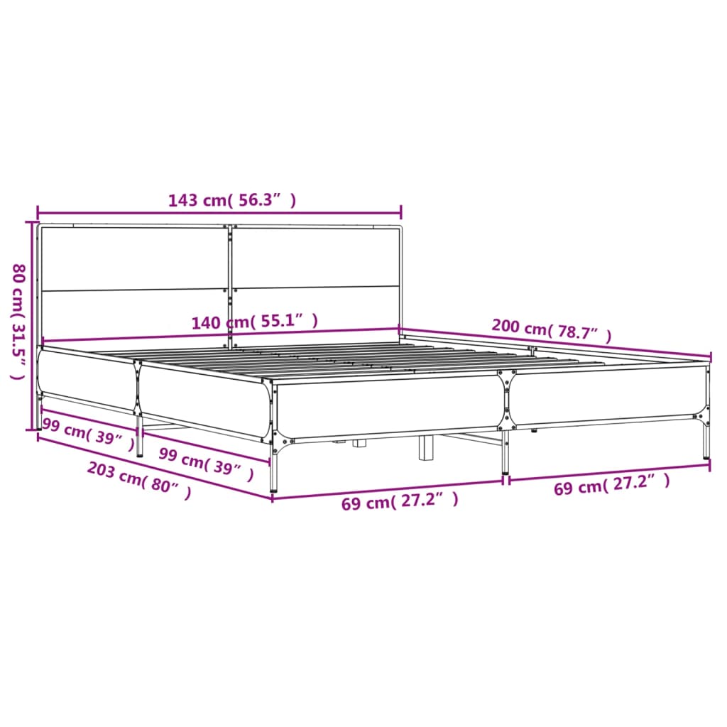 vidaXL Cadru de pat, stejar fumuriu 140x200 cm lemn prelucrat și metal