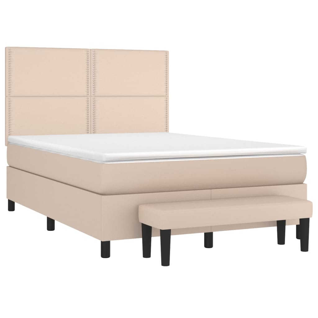 vidaXL Pat box spring cu saltea, cappuccino, 140x190cm piele ecologică