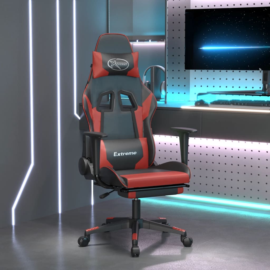 vidaXL Scaun de gaming masaj/suport picioare negru/roșu vin piele eco