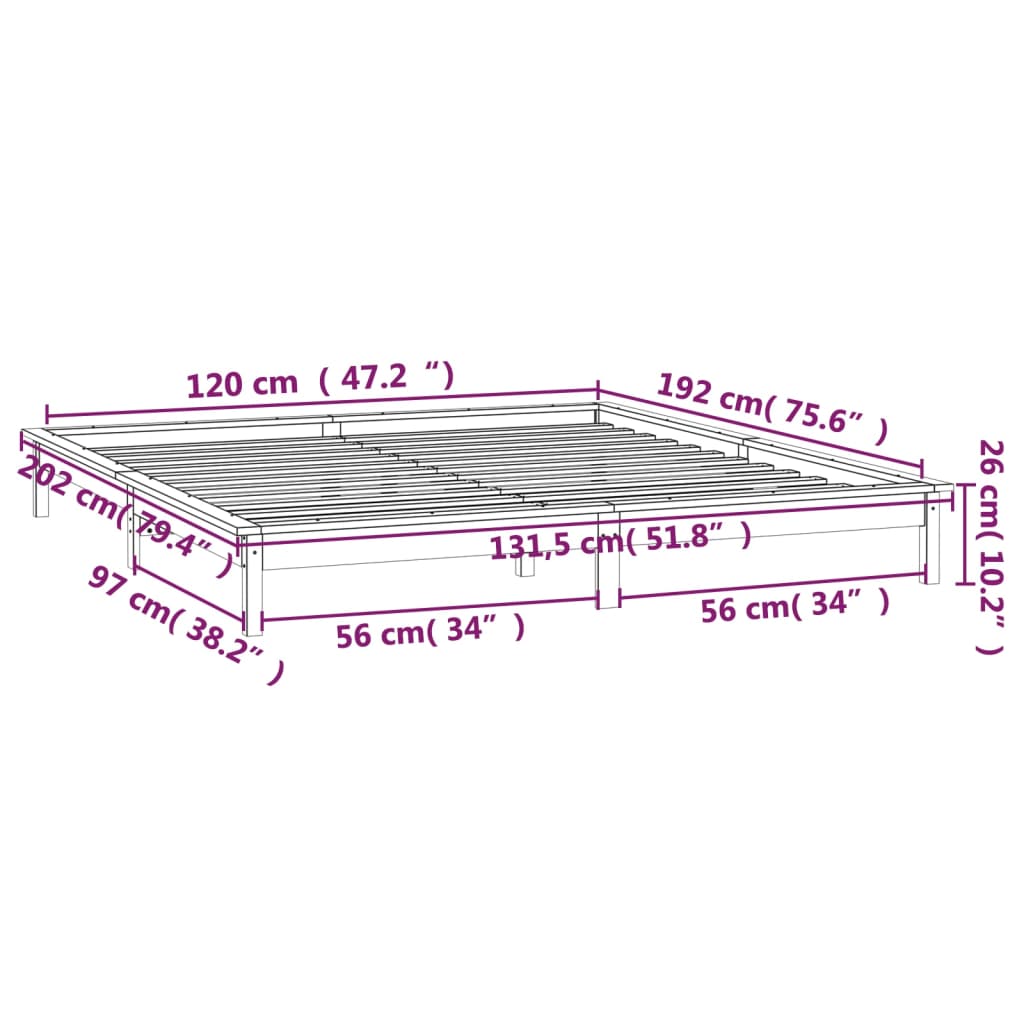 vidaXL Cadru de pat cu LED mic dublu, negru, 120x190cm, lemn masiv