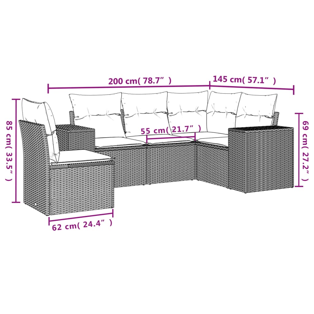 vidaXL Set mobilier de grădină cu perne, 5 piese, negru, poliratan