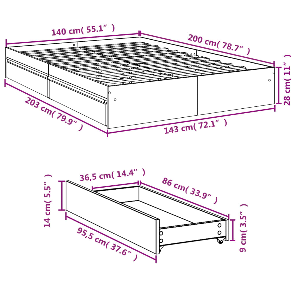 vidaXL Cadru de pat cu sertare, stejar maro, 140x200 cm lemn prelucrat