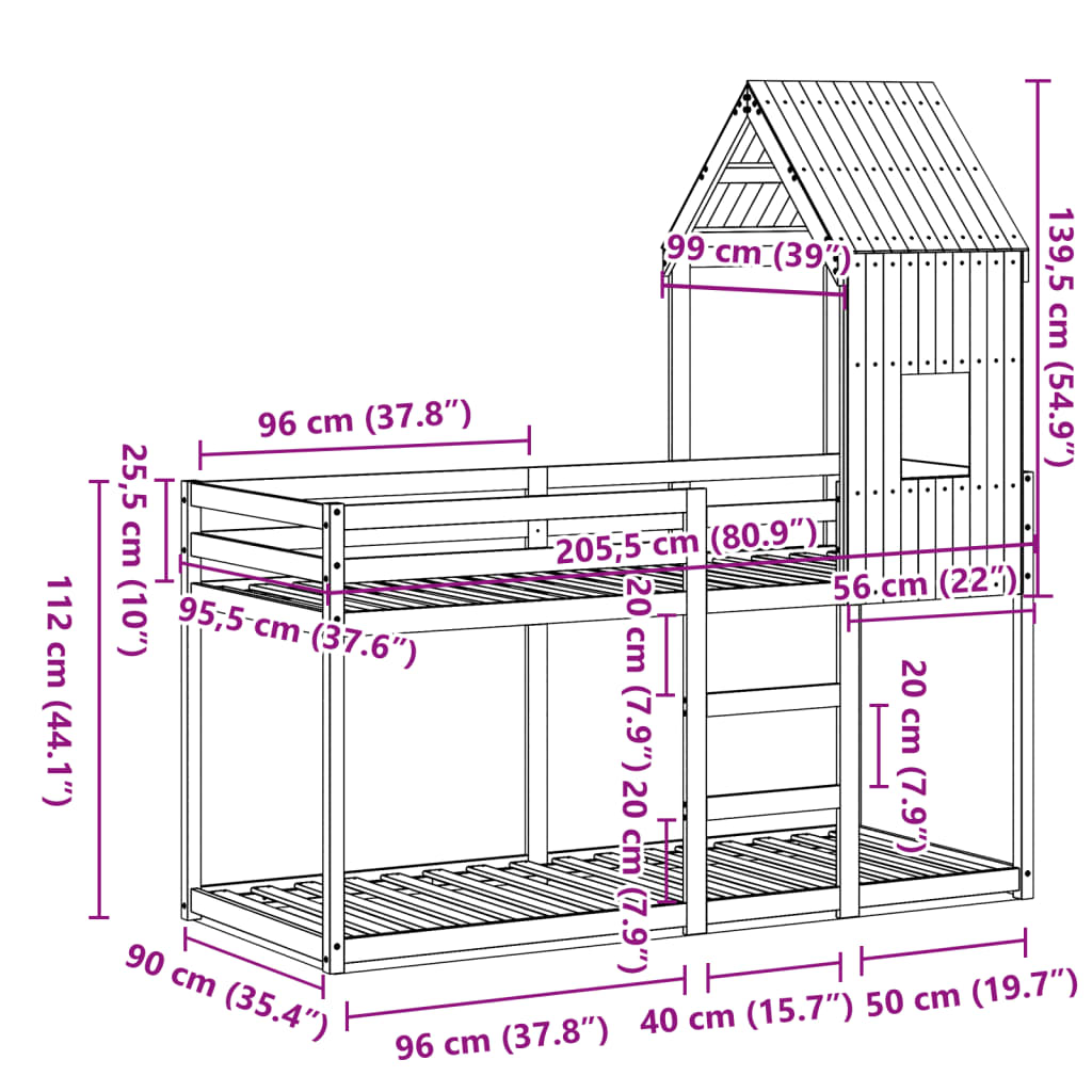 vidaXL Pat supraetajat cu acoperiș maro ceruit 90x200cm lemn masiv pin