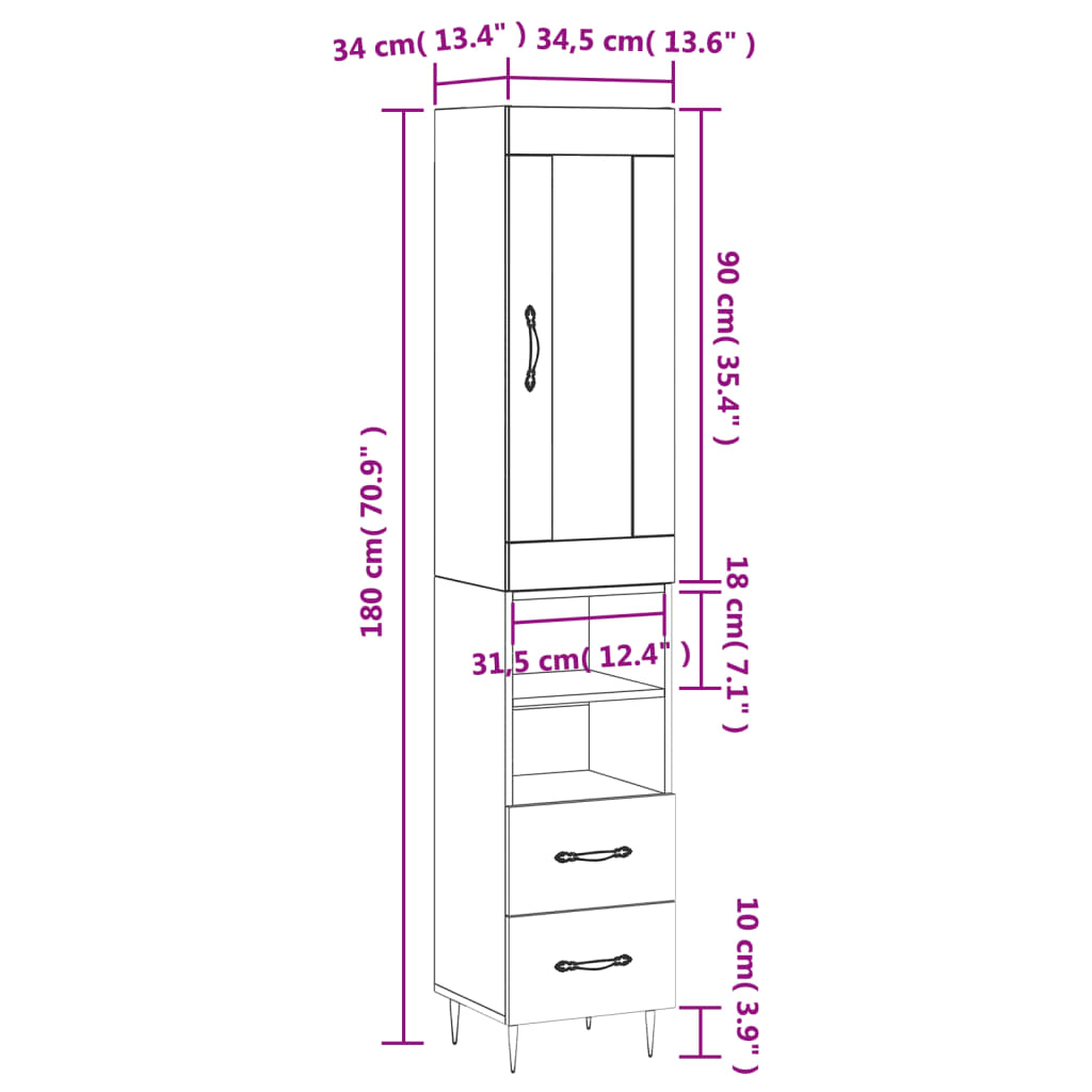 vidaXL Dulap înalt, alb, 34,5x34x180 cm, lemn prelucrat