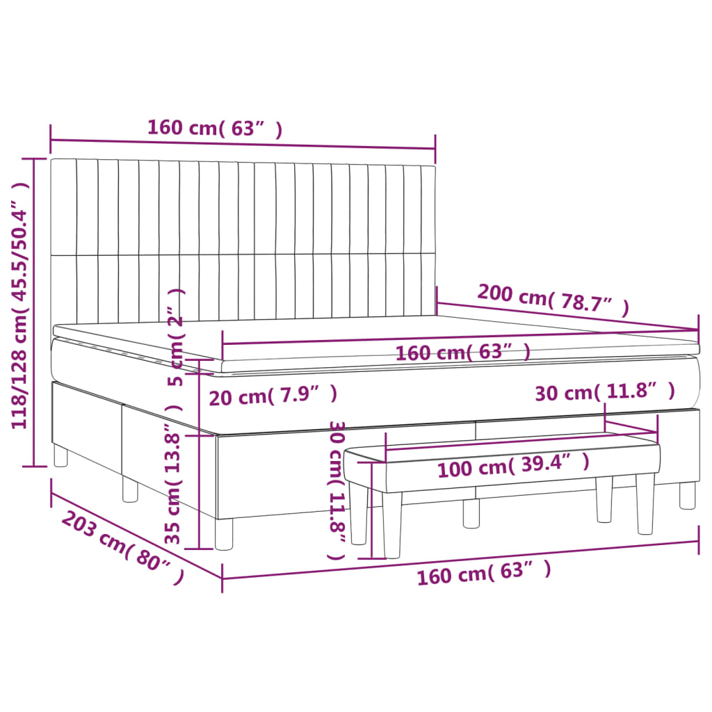 vidaXL Pat box spring cu saltea, gri închis, 160x200 cm, catifea