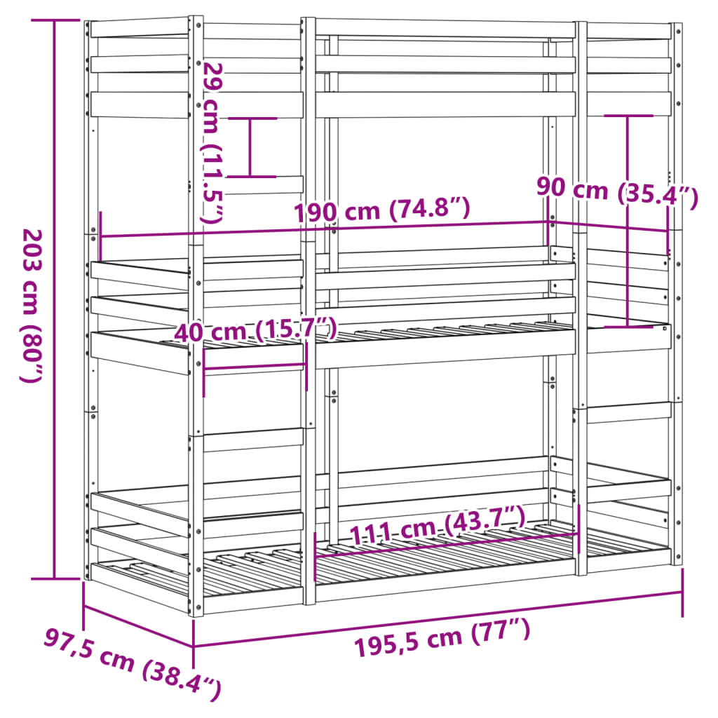 vidaXL Pat supraetajat triplu, maro ceruit, 90x190 cm, lemn masiv pin