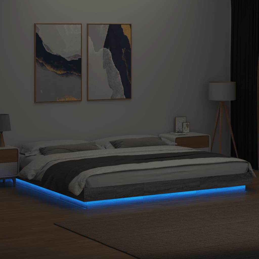 vidaXL Cadru de pat cu lumini LED gri sonoma 180x200 cm lemn prelucrat