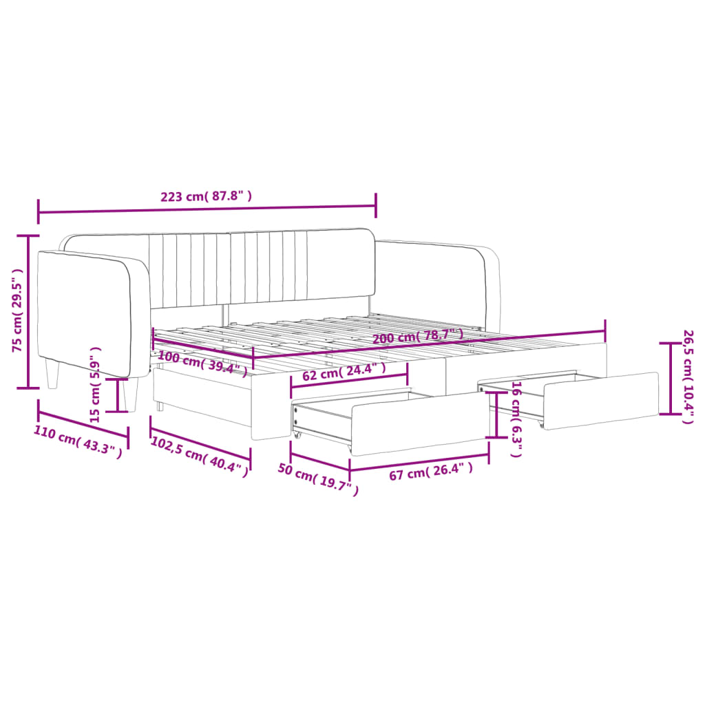 vidaXL Pat de zi cu extensie și sertare gri deschis 100x200 cm catifea