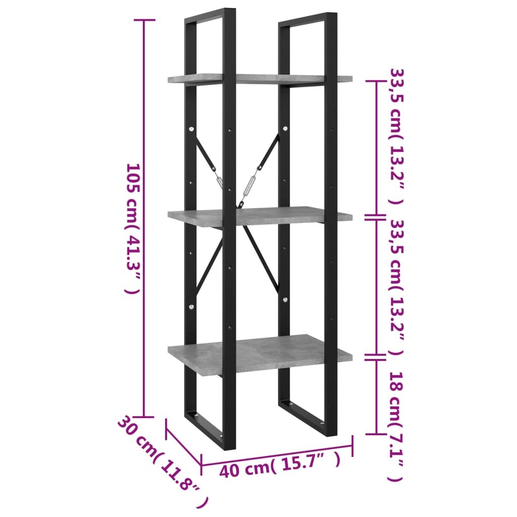 vidaXL Bibliotecă cu 3 rafturi, gri beton, 40x30x105 cm, PAL