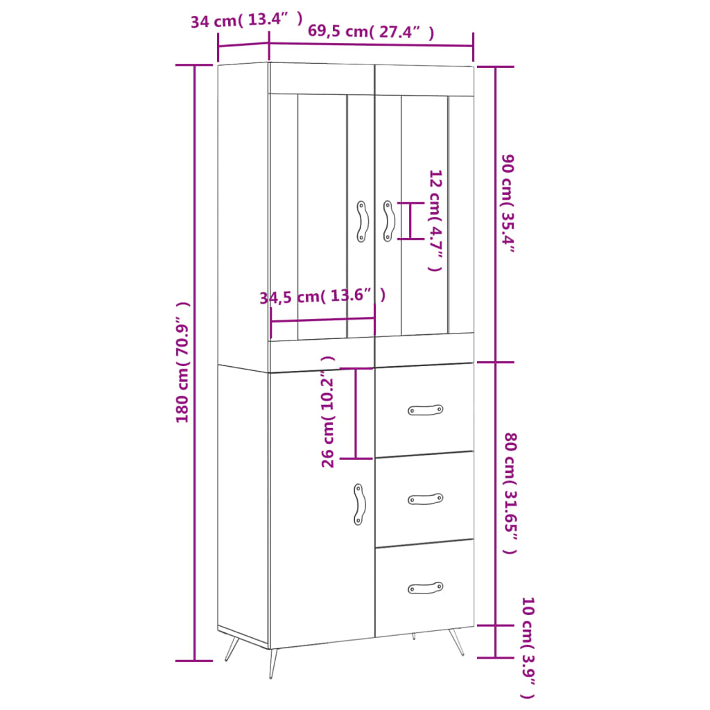 vidaXL Dulap înalt, gri sonoma, 69,5x34x180 cm, lemn compozit