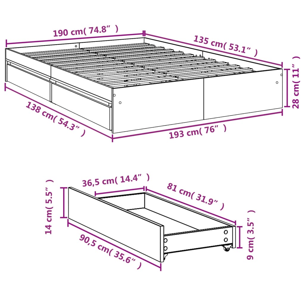 vidaXL Cadru de pat cu sertare, negru, 135x190 cm, lemn prelucrat