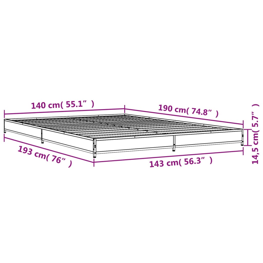 vidaXL Cadru de pat, stejar afumat 140x190 cm lemn prelucrat și metal