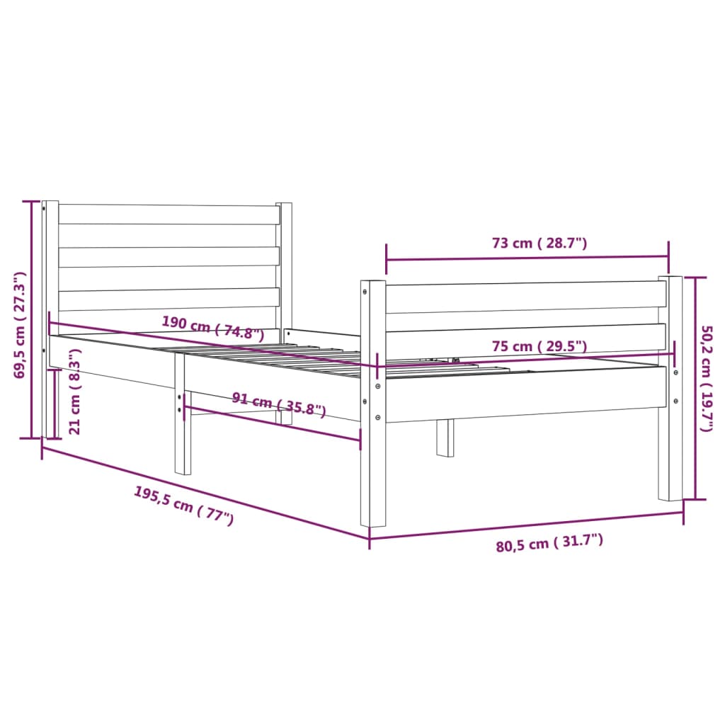 vidaXL Cadru de pat mic single, negru, 75x190 cm, lemn masiv