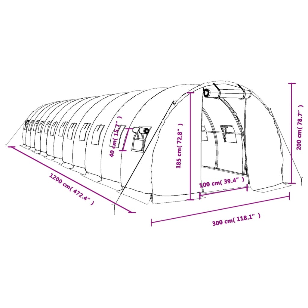 vidaXL Seră cu cadru din oțel, verde, 36 m², 12x3x2 m