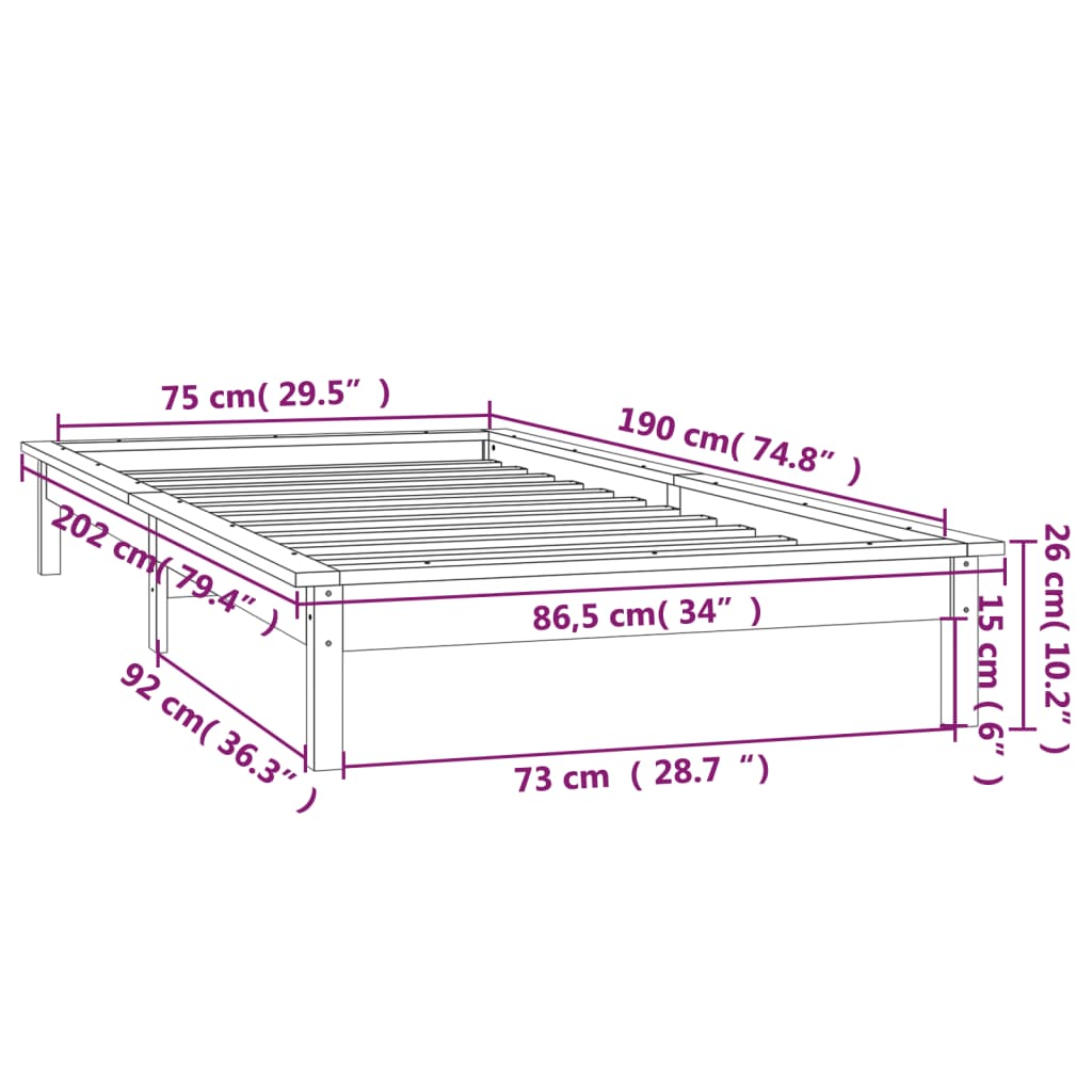 vidaXL Cadru de pat cu LED mic single, gri, 75x190 cm, lemn masiv