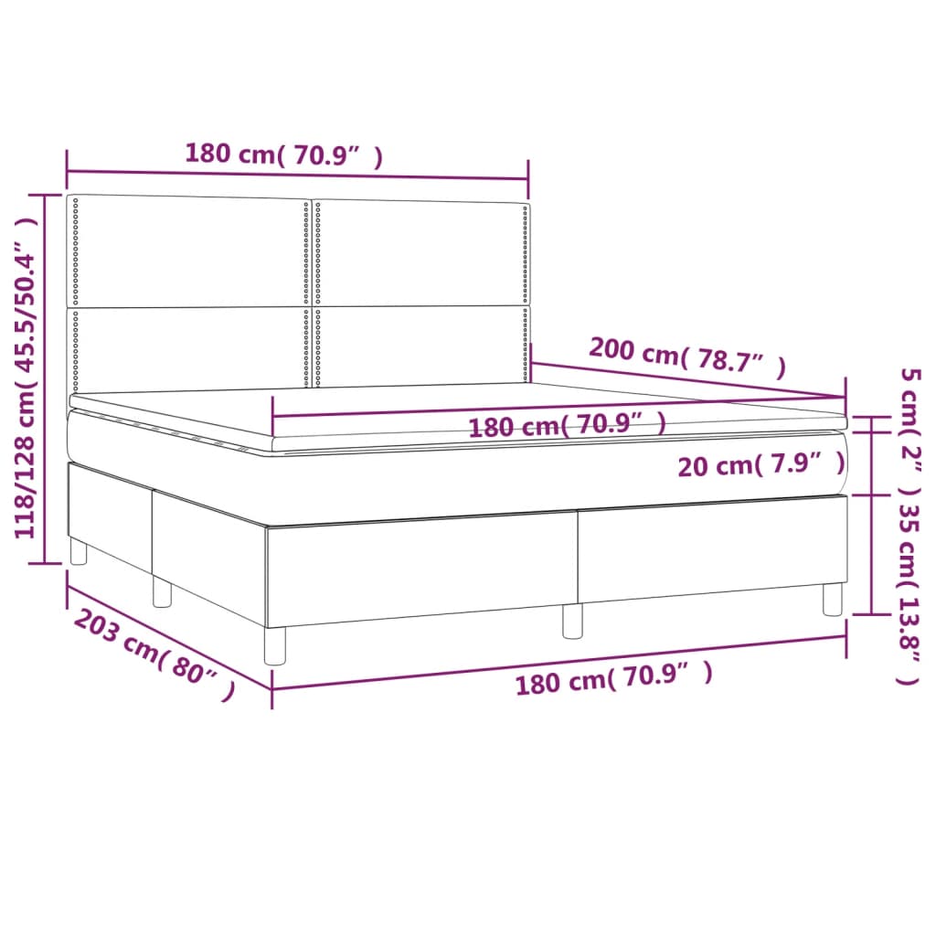 vidaXL Pat cu arcuri, saltea și LED, alb, 180x200 cm, piele ecologică