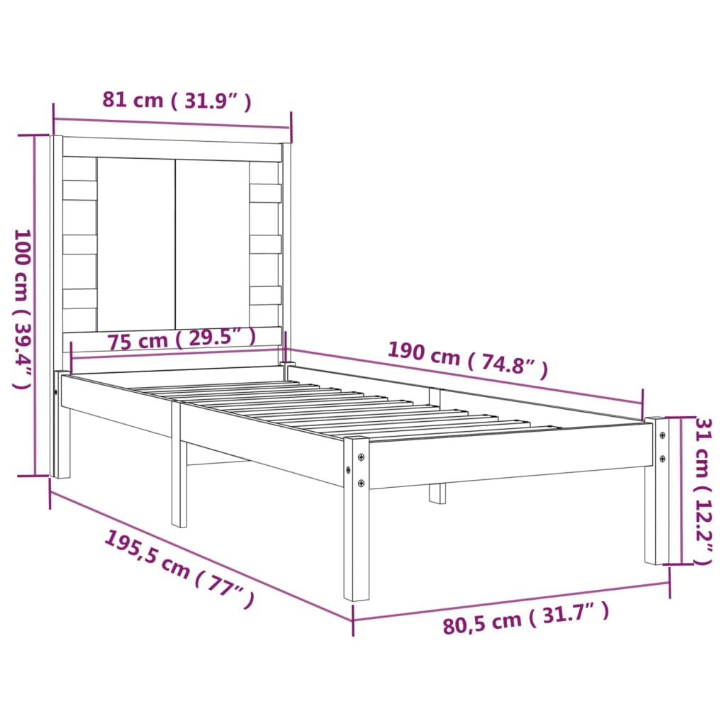 vidaXL Cadru de pat mic single, 75x190 cm, lemn masiv