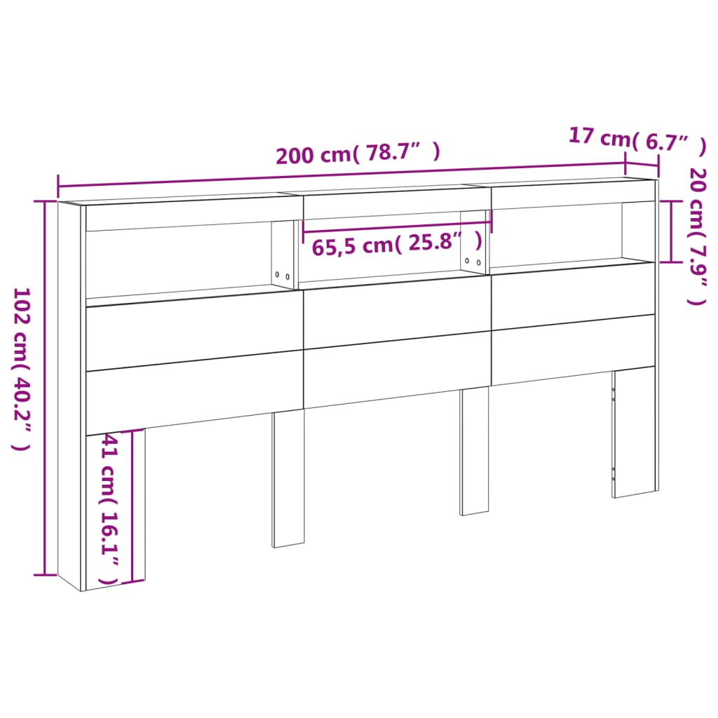 vidaXL Tăblie de pat cu dulap și LED, gri beton, 200x17x102 cm