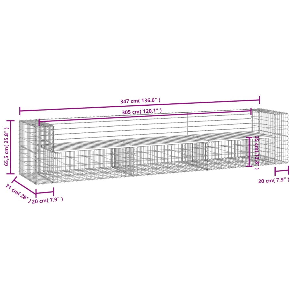 vidaXL Bancă grădină design gabion, 347x71x65,5 cm, lemn pin impregnat