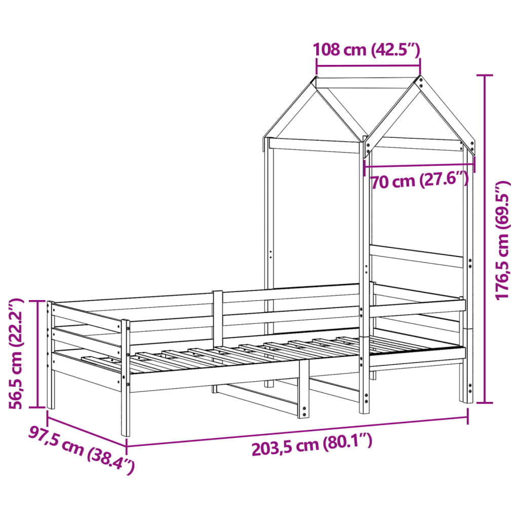 vidaXL Pat de zi cu acoperiș, alb, 90x200 cm, lemn masiv de pin